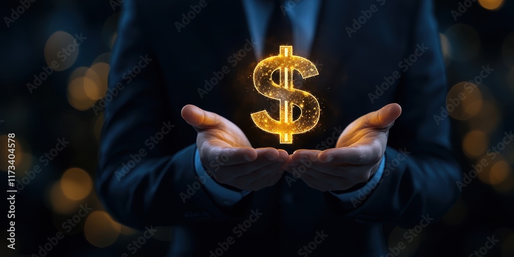 A businessman in a dark suit holding a glowing dollar symbol between his hands against a dark blurred background