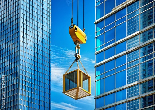 Minimalist Skyscraper Construction: Yellow Crane Lifting Window Load Against Blue Sky
