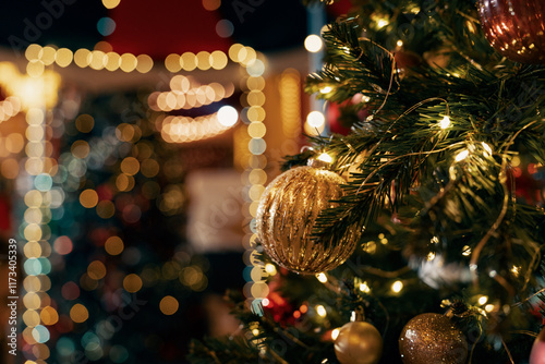 Close-up of Christmas baubles and illuminated string lights on a Christmas tree outside a building photo