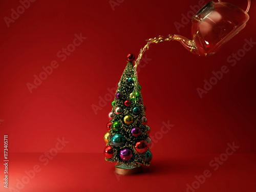 Illuminated fairy lights being poured from a teapot onto a decorated Christmas tree photo