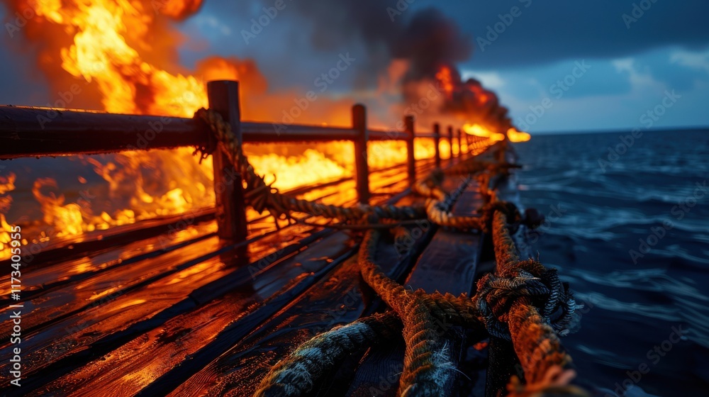 Fototapeta premium Pier engulfed in flames during twilight hours, showcasing intense fire and smoke against a darkening sky over the ocean