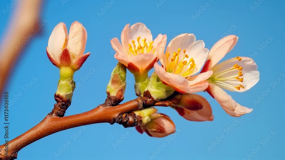 Timelapse with close-up of peach tree flower buds about to bloom on a branch against a clear blue sky. A vibrant springtime scene symbolizing renewal and growth, perfect for seasonal or nature-themed