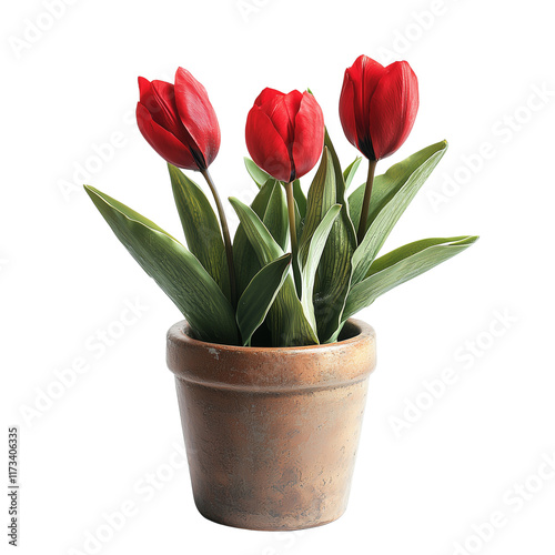 Vibrant flowering Tulip and houseplants in a rustic pot isolated on white background and transparent background 
 for indoor house garden cozy plant nook gardening inspiration