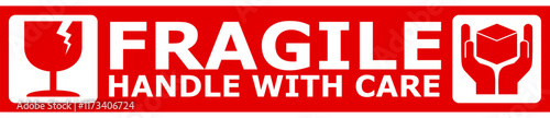 sticker fragile handle with care, red fragile warning label with broken glass symbol, this side up sign, keep dry and avoid liquid sign