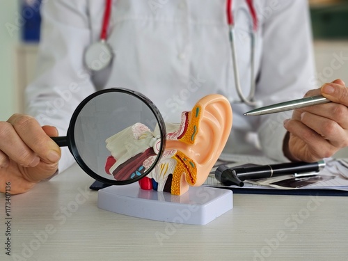 Doctor with human Ear anatomy model with magnifying glass. Ear disease