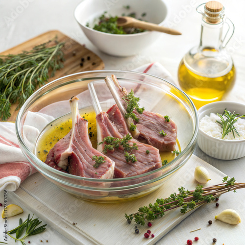 Fresh Lamb Chops Marinating with Herbs, Garlic, and Olive Oil photo