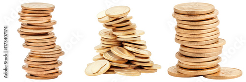 Stacked wooden coins in varying heights create interesting visual display photo