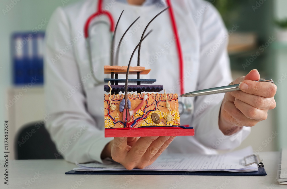 Φωτογραφία Dermatologist holds pen and anatomical model of human skin with hair concept