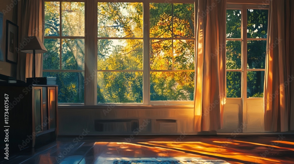 Fototapeta premium Warm Sunlit Room with Large Windows and Verdant Outdoor View