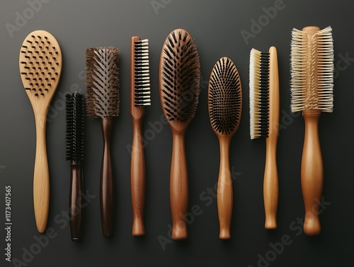 hairbrush collection wooden hairbrushes various types dark background