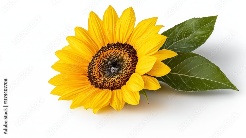 Obraz premium Bright and Vibrant Sunflower with Green Leaves on White Background