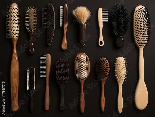 hairbrush collection wooden hairbrushes various types dark background