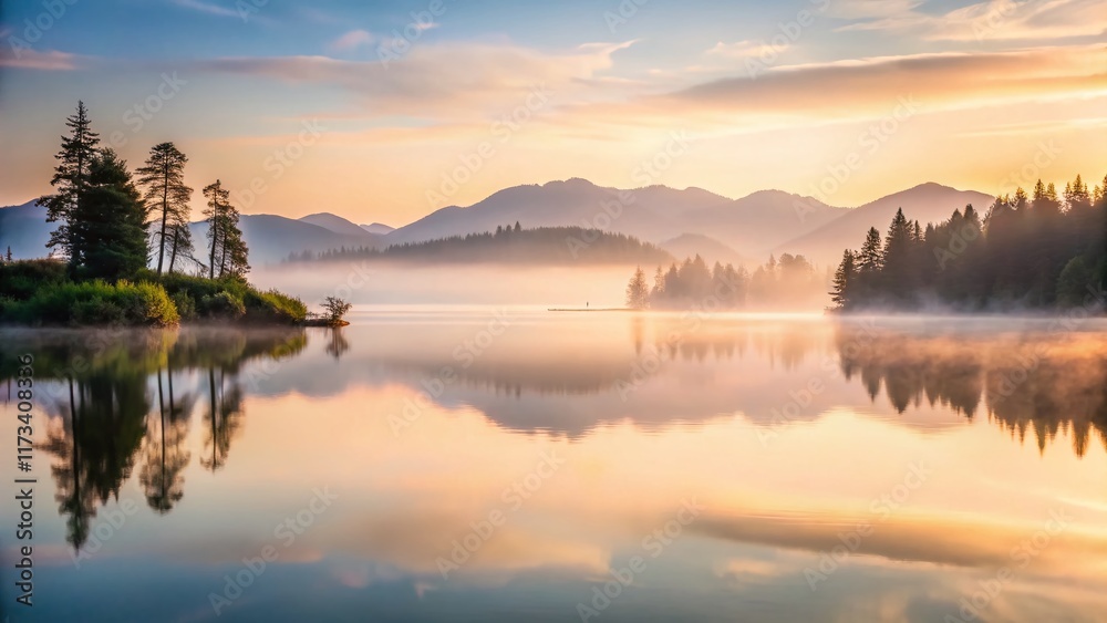 Fototapeta premium Misty Mountain Lake Sunrise: Minimalist Serenity