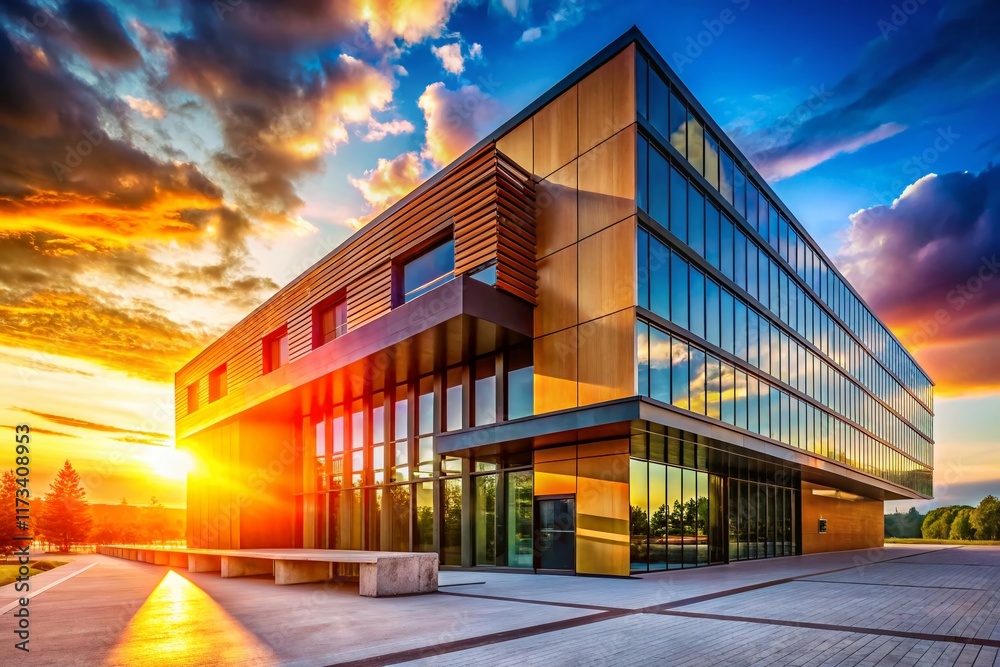 Modern Architecture Social Media Banner: Geometric Building Exterior, Sunset Sky Modern Architecture Social Media Banner: Geometric Building Exterior, Sunset Sky