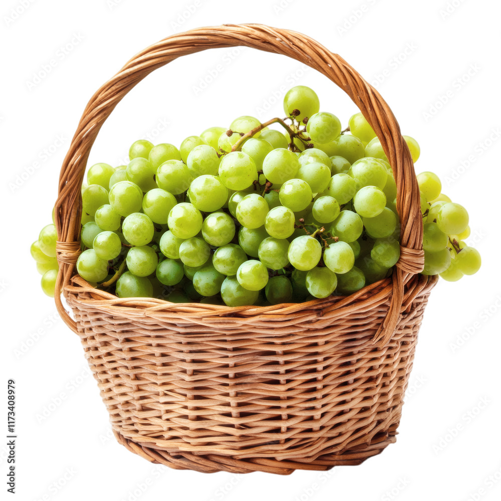 wicker basket with fresh green grapes isolated on white transparent background wicker basket with fresh green grapes isolated on white transparent background