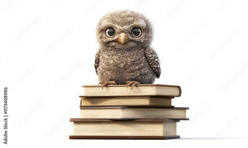 Obraz premium Cute fluffy owl chick sits on stack of books.