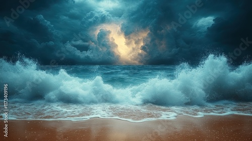 Dramatic ocean waves crashing on a beach at night under a stormy sky.