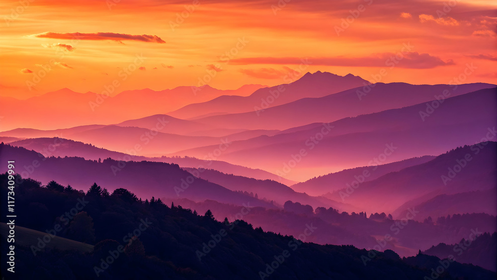 Obraz premium Majestic Sunset Over Serene Mountain Ranges with Colorful Sky