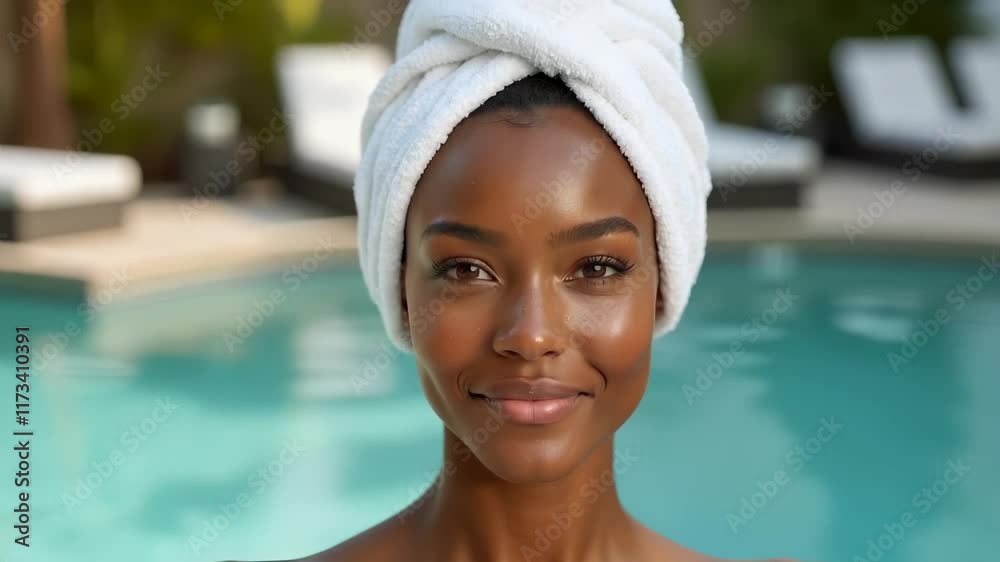 Fresh-Faced Smiling Woman with Towel Turban by Pool in Spa