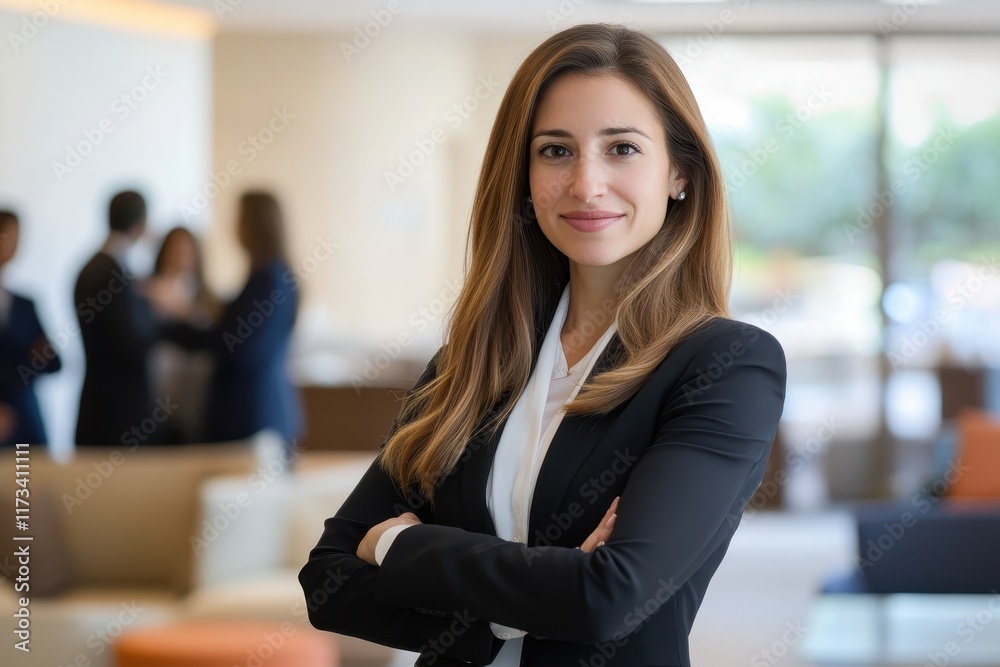 A confident female attorney standing in a bright office space with her arms crossed dressed professionally in a suit A confident female attorney standing in a bright office space with her arms crossed dressed professionally in a suit