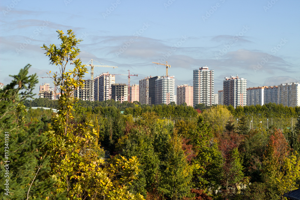 Obraz premium Construction of new multi-storey buildings, view from the green park
