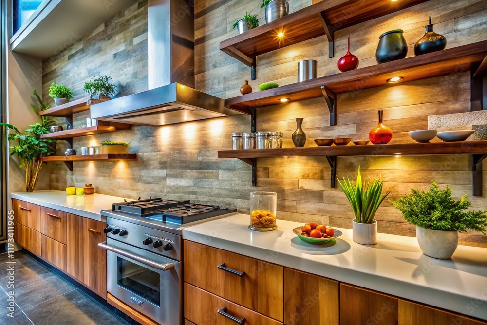 custom made wallpaper toronto digitalModern Kitchen Design: Stone Countertop, Gas Stove, Floating Shelves & Backsplash