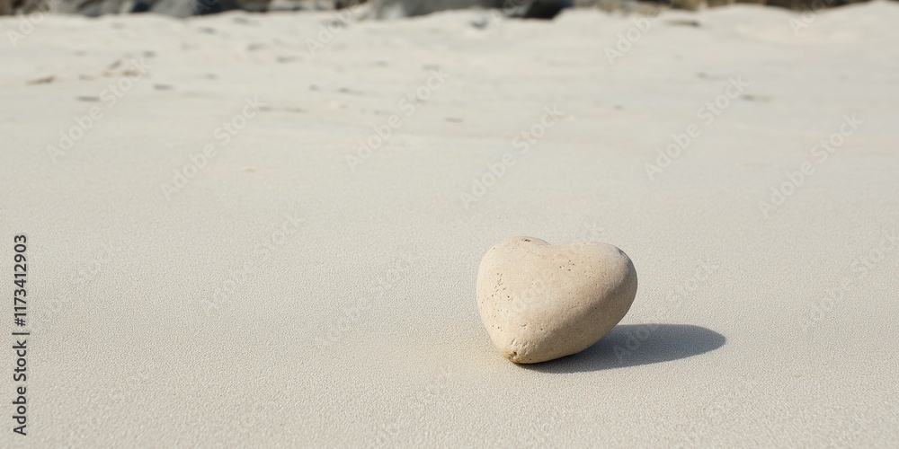 Obraz premium A heart shaped rock is laying on the sand. Concept of peace and tranquility, as the heart symbolizes love and affection. The rock's placement on the beach adds to the serene atmosphere