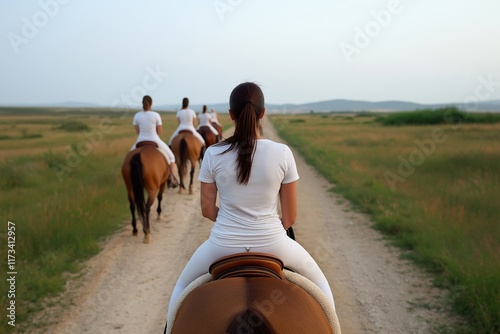 A woman is riding a horse down a dirt road. The other riders are behind her. The woman is wearing a white shirt and white pants. The road is empty and the sky is blue