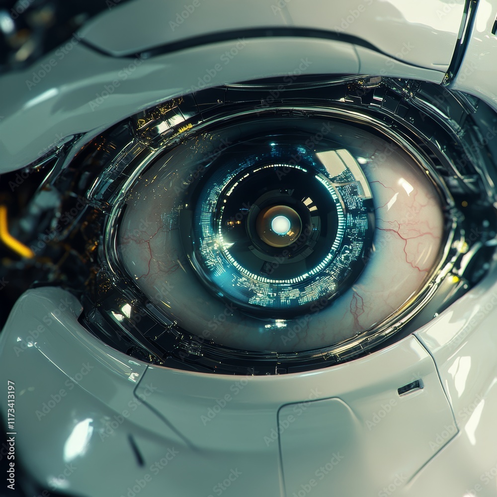Detailed close-up of a robotic eye showcasing advanced technology and intricate mechanical design. Detailed close-up of a robotic eye showcasing advanced technology and intricate mechanical design.
