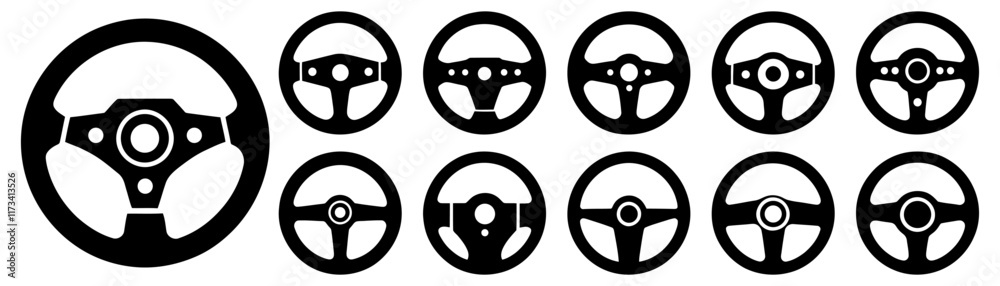 Car Steering Wheels On A White Background. Variety Of Designs Showcasing Different Styles For Automotive Use Car Steering Wheels On A White Background. Variety Of Designs Showcasing Different Styles For Automotive Use