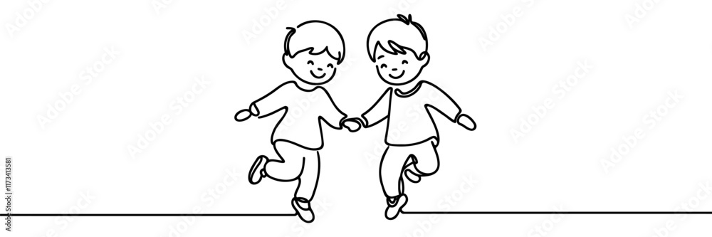 Happy jumping children holding hands. Continuous one line drawing. Vector illustration on white background Happy jumping children holding hands. Continuous one line drawing. Vector illustration on white background