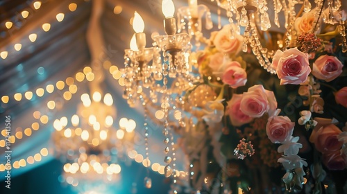 Beautiful chandelier wedding celebration. Wedding day. Time photo