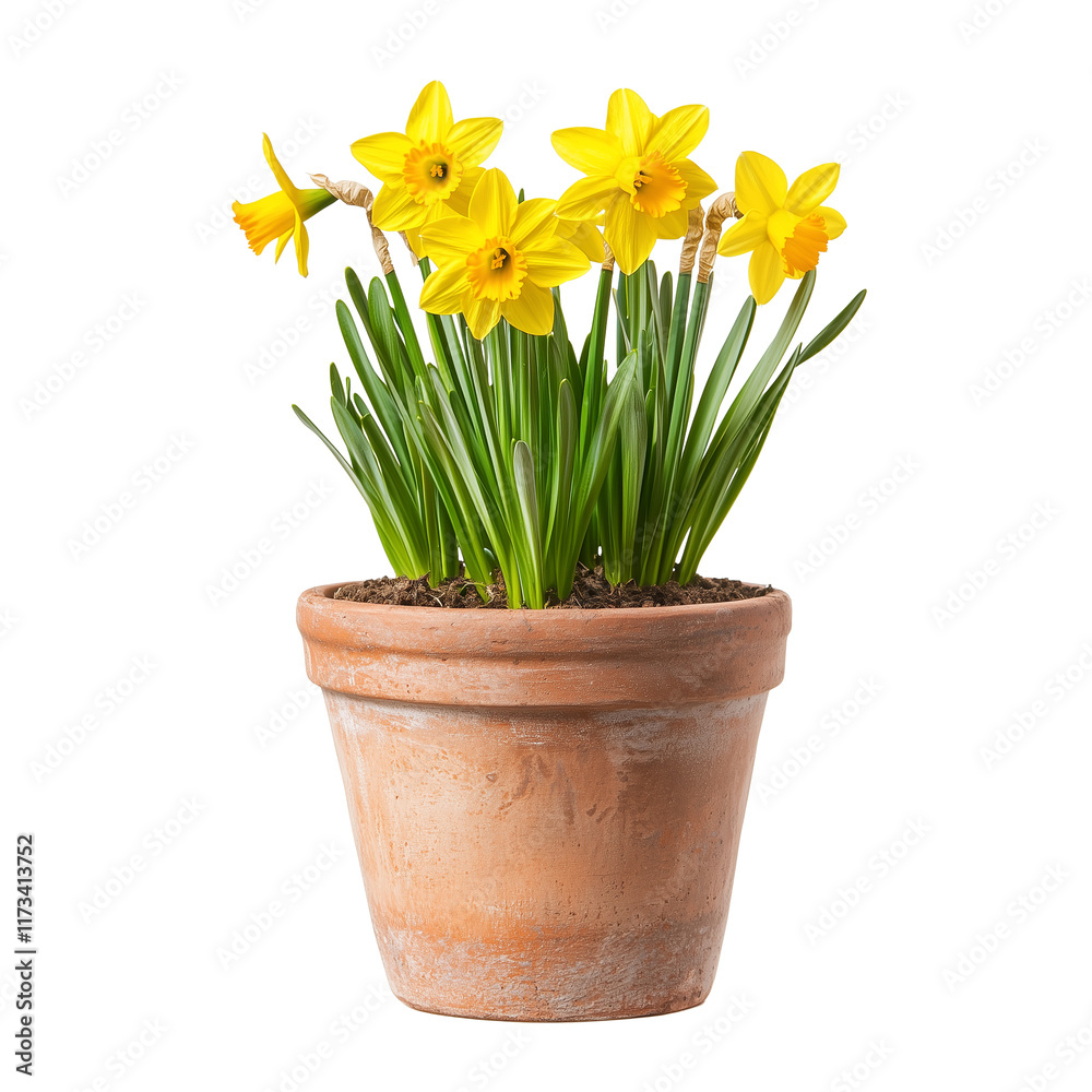 A potted plant with vibrant yellow daffodils isolated on white background and transparent background showcasing its fresh green leaves and earthy terracotta pot. A potted plant with vibrant yellow daffodils isolated on white background and transparent background showcasing its fresh green leaves and earthy terracotta pot.