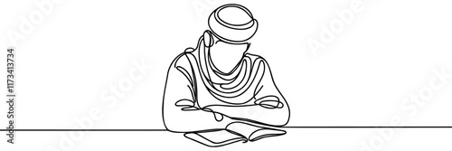 Muslim man read the book Continuous one line drawing