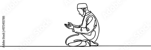 Continuous one line drawing a muslim man praying to god . Hajj and umrah concept. Single line draw design vector graphic illustration.