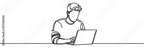 Guy at laptop doing work Continuous one line drawing