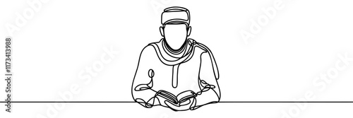 Muslim man read the book Continuous one line drawing