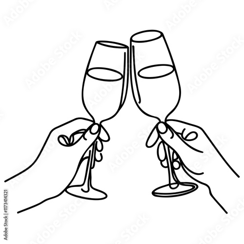 Hands hold wine clinking glasses one line art,continuous drawing contour. Cheers toast festive hand drawn decoration for holidays,romantic Valentine's Day design. Isolated. Vector