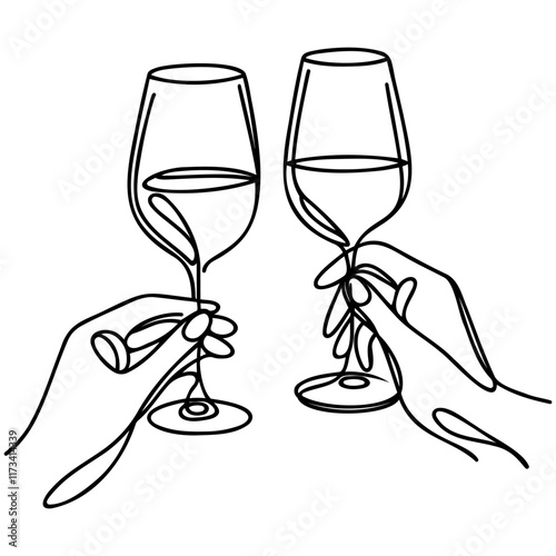 Hands hold wine clinking glasses one line art,continuous drawing contour. Cheers toast festive hand drawn decoration for holidays,romantic Valentine's Day design. Isolated. Vector