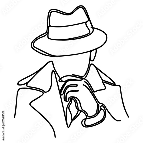 One line continuous detective with hat. Thinking while investigating case. Private detective in hat and trench.