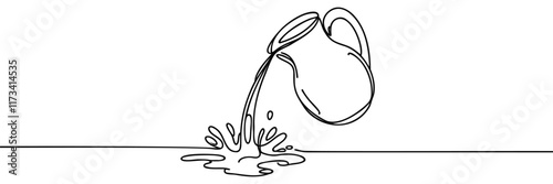 one continuous line drawing of a jug pouring water.one line drawing of water coming out of a clay jug.antique jug icon.single line vector illustration.isolated white background