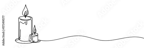 One continuous line drawing of wax or paraffin candle. Christmas home decoration and aromatherapy concept in simple linear style. Doodle Vector illustration