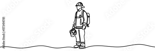 Single continuous line drawing firefighters with full uniform. Dynamic one line draw graphic design vector illustration