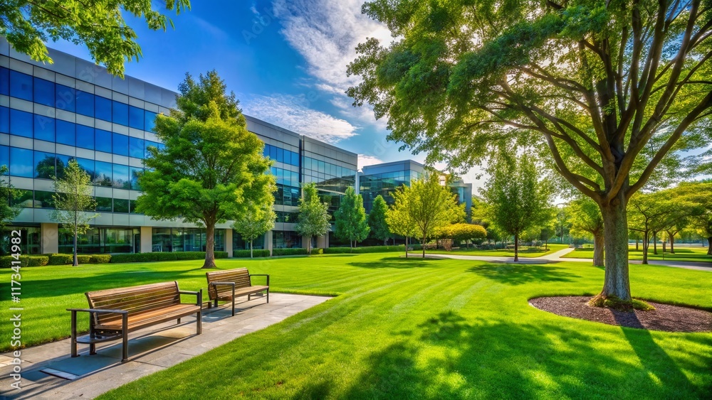 Obraz premium Modern Office Park Green Lawn Trees Bench - Stock Photo