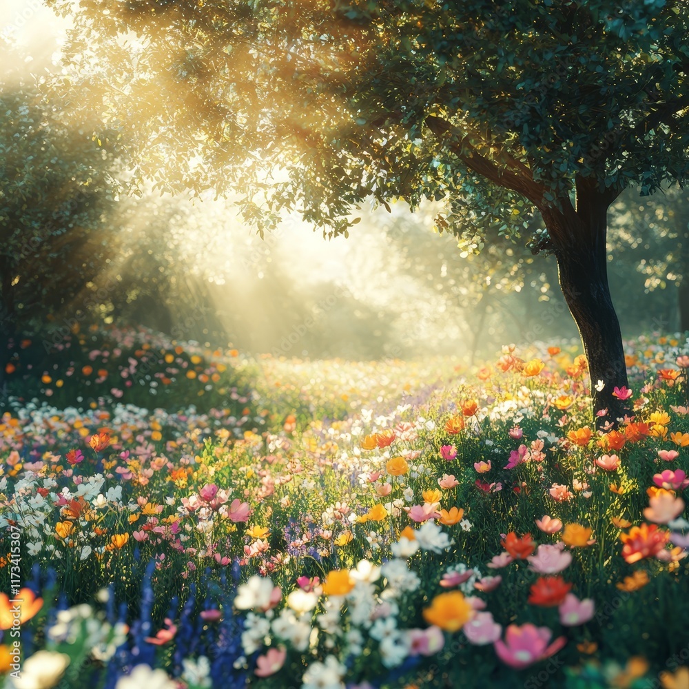 Fototapeta premium A tranquil meadow filled with colorful wildflowers under the warm glow of sunlight filtering through trees.
