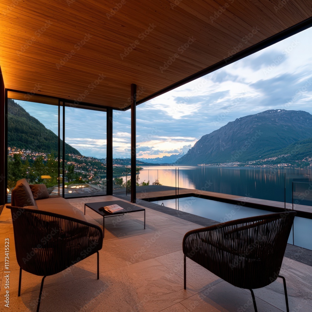 Fototapeta premium Serene Lake View Ultra HD Relaxation with Modern Architecture