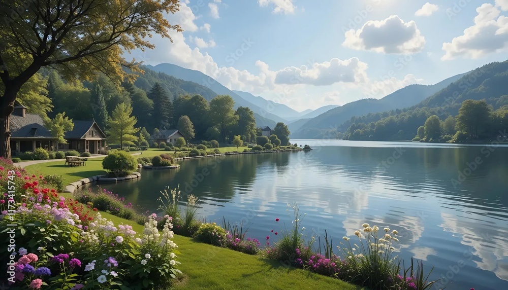 Beautiful Park Garden Landscape With Mountain Beautiful Park Garden Landscape With Mountain