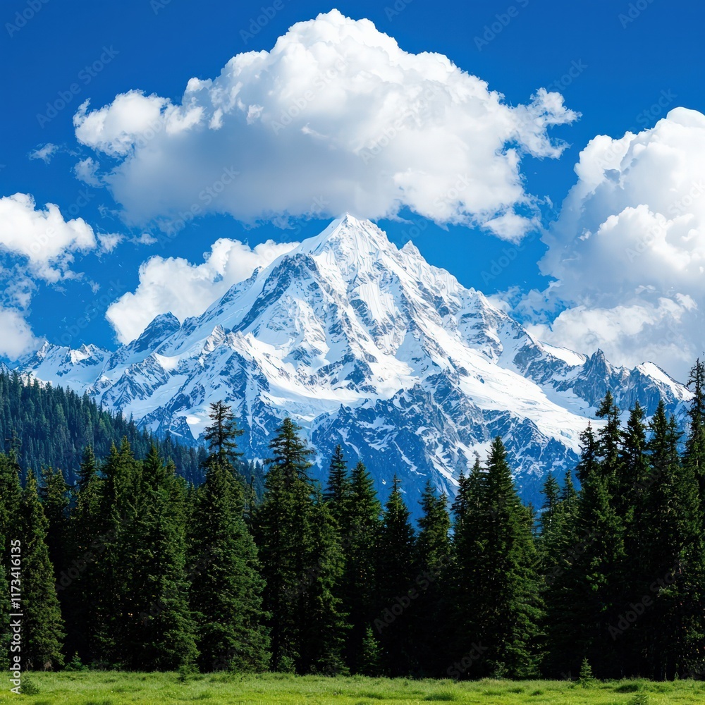 A stunning mountain landscape featuring a snow-capped peak under a bright blue sky, surrounded by lush green forests and fluffy white clouds. A stunning mountain landscape featuring a snow-capped peak under a bright blue sky, surrounded by lush green forests and fluffy white clouds.