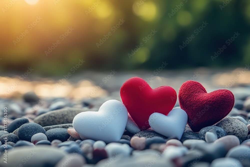 Fototapeta premium Romantic heart-shaped decorations on rocks, perfect for Valentine's Day.