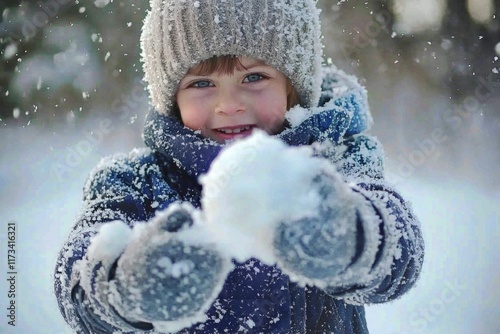 Joyful winter moments as a child embraces the magic of snow in a frosty landscape